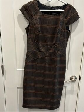 M&S UK Size 10 Women’s Brown Plaid Cap-Sleeve Sheath Dress Zip Lined